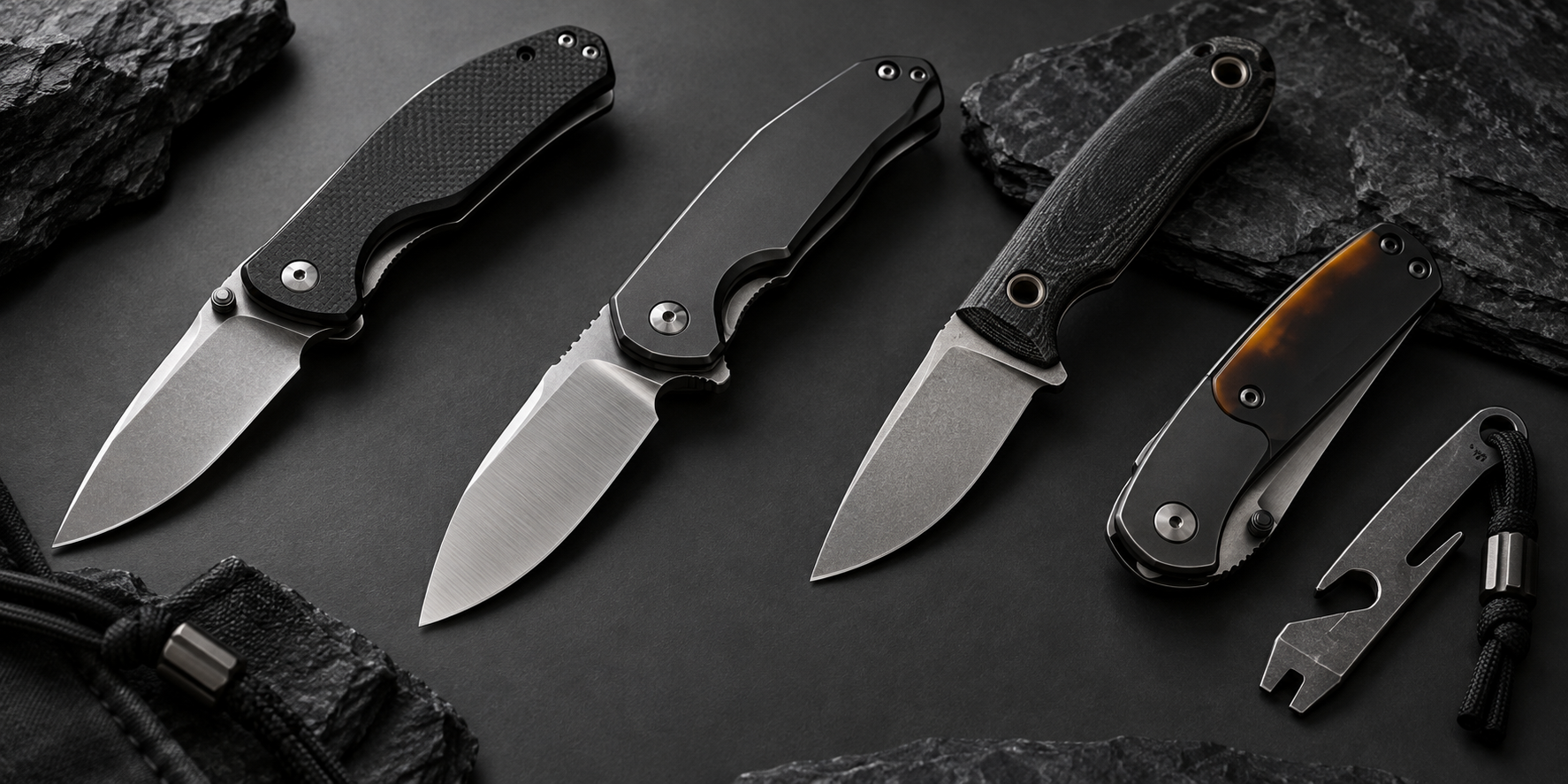 Studio arrangement of folding knives and EDC tools on a dark graphite surface